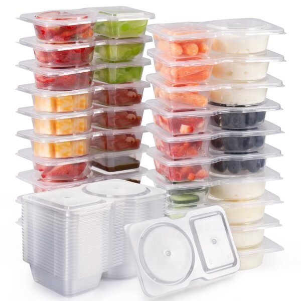 20pcs Reusable Snack Containers with Lids,Double Compartment Condiment Container,Snackle Box Container Portion Control,for Meal Prep, Salad Dressing, Dipping Sauce, Travel Snacks
