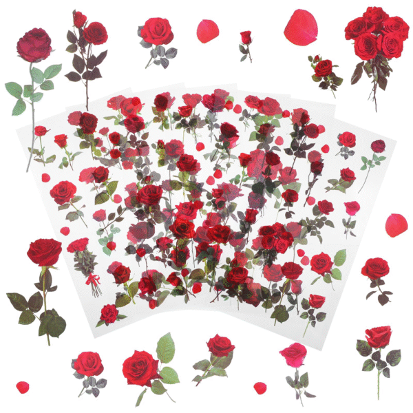 6pcs/pack Vintage Red Rose Stickers, Transparent Decals for Crafts, Stickers for Scrapbooking Notebooks